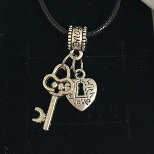 Key Heart Charm Slider Pendant Black Necklace “Made With Love” Words